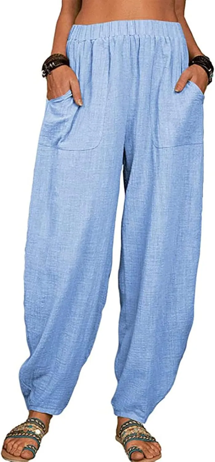 Linen Pants for Women Casual Summer Linen Pants Elastic Waist Pants Loose Tapered Pant Plus Size Trousers with Pocket