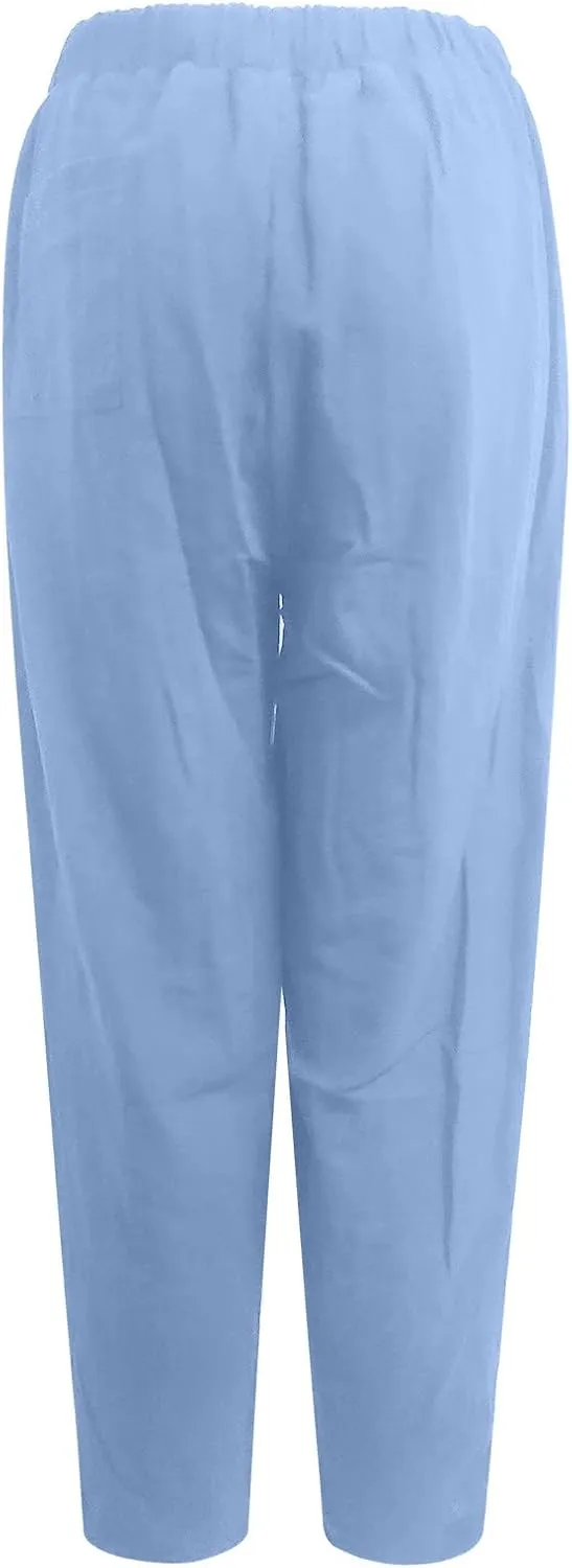 Linen Pants for Women Casual Summer Linen Pants Elastic Waist Pants Loose Tapered Pant Plus Size Trousers with Pocket