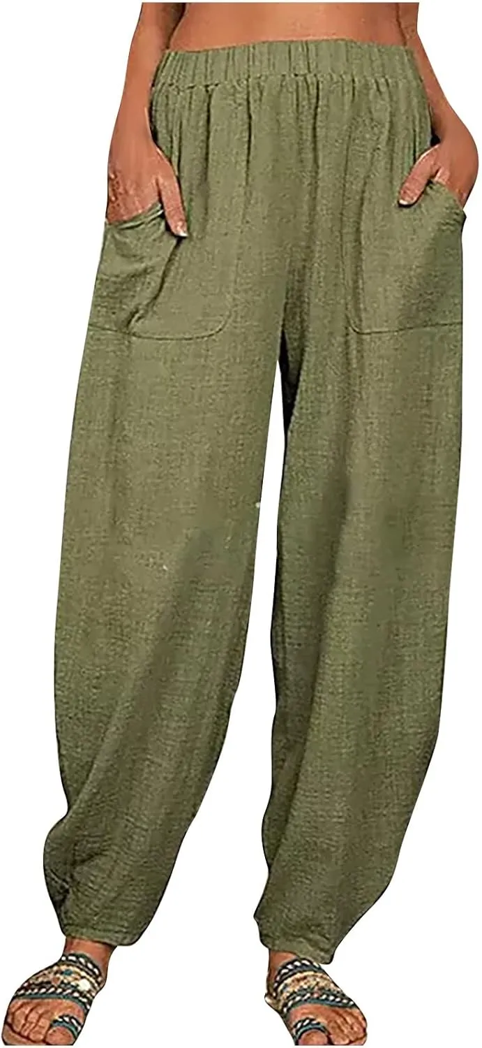 Linen Pants for Women Casual Summer Linen Pants Elastic Waist Pants Loose Tapered Pant Plus Size Trousers with Pocket
