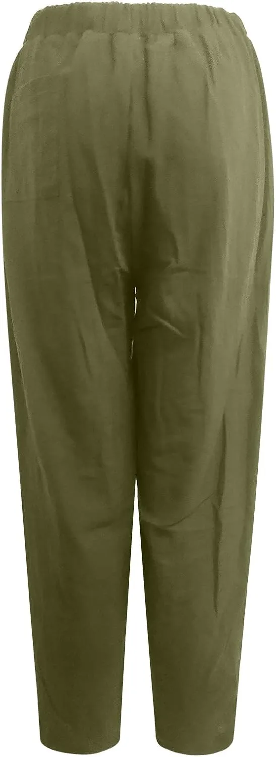 Linen Pants for Women Casual Summer Linen Pants Elastic Waist Pants Loose Tapered Pant Plus Size Trousers with Pocket