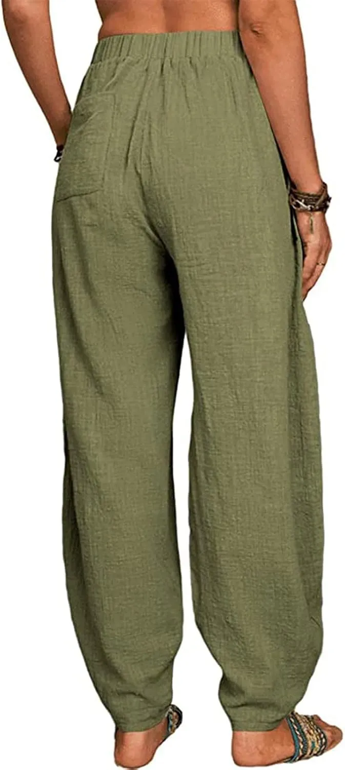 Linen Pants for Women Casual Summer Linen Pants Elastic Waist Pants Loose Tapered Pant Plus Size Trousers with Pocket