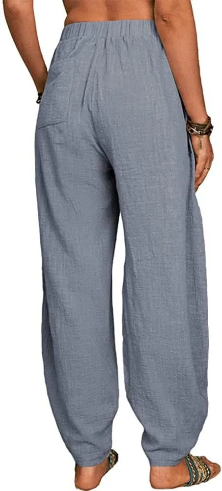 Linen Pants for Women Casual Summer Linen Pants Elastic Waist Pants Loose Tapered Pant Plus Size Trousers with Pocket