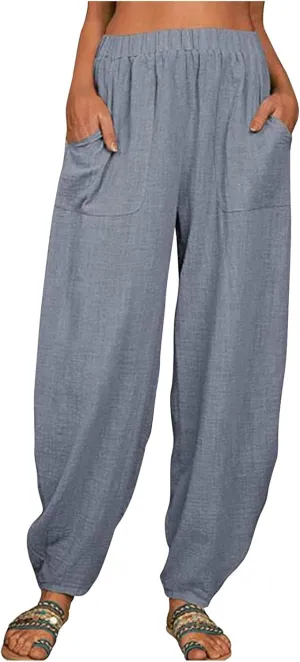 Linen Pants for Women Casual Summer Linen Pants Elastic Waist Pants Loose Tapered Pant Plus Size Trousers with Pocket