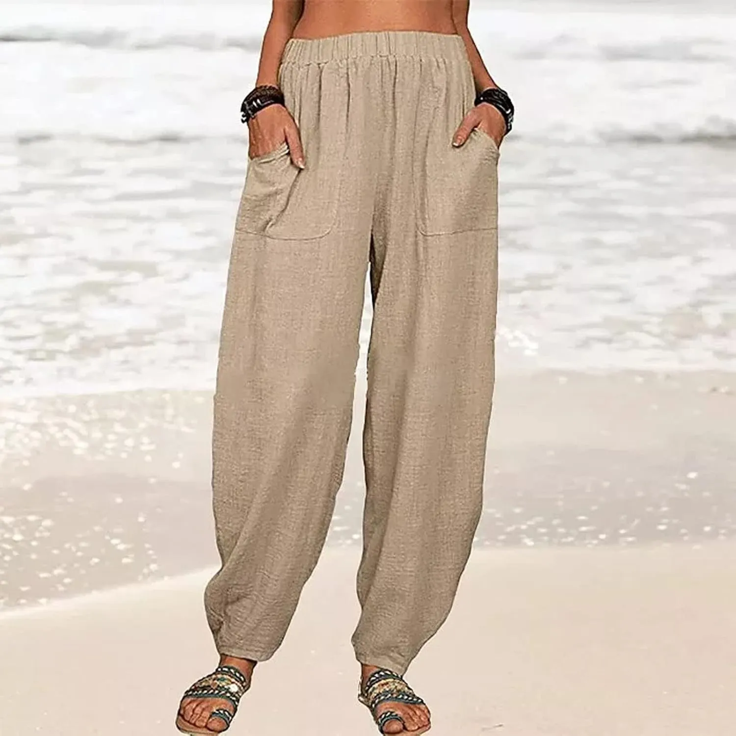 Linen Pants for Women Casual Summer Linen Pants Elastic Waist Pants Loose Tapered Pant Plus Size Trousers with Pocket