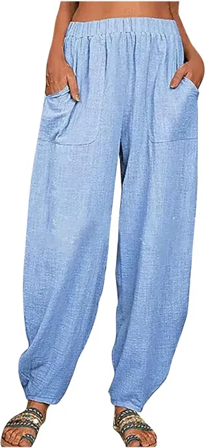 Linen Pants for Women Casual Summer Linen Pants Elastic Waist Pants Loose Tapered Pant Plus Size Trousers with Pocket