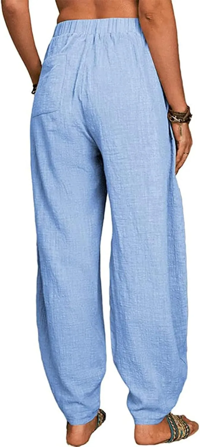 Linen Pants for Women Casual Summer Linen Pants Elastic Waist Pants Loose Tapered Pant Plus Size Trousers with Pocket