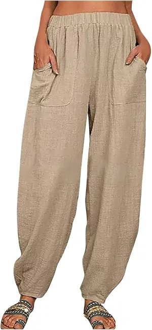 Linen Pants for Women Casual Summer Linen Pants Elastic Waist Pants Loose Tapered Pant Plus Size Trousers with Pocket