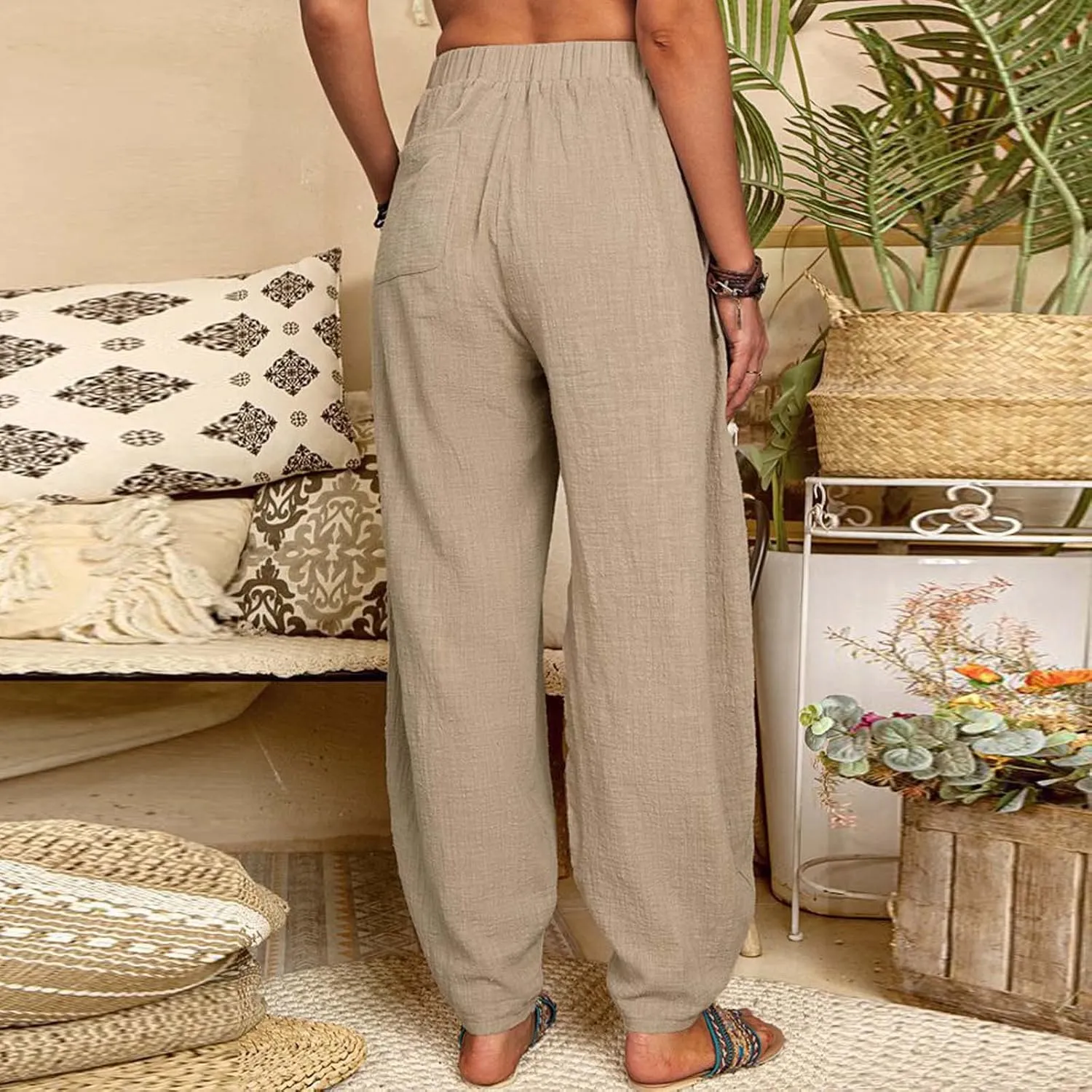 Linen Pants for Women Casual Summer Linen Pants Elastic Waist Pants Loose Tapered Pant Plus Size Trousers with Pocket