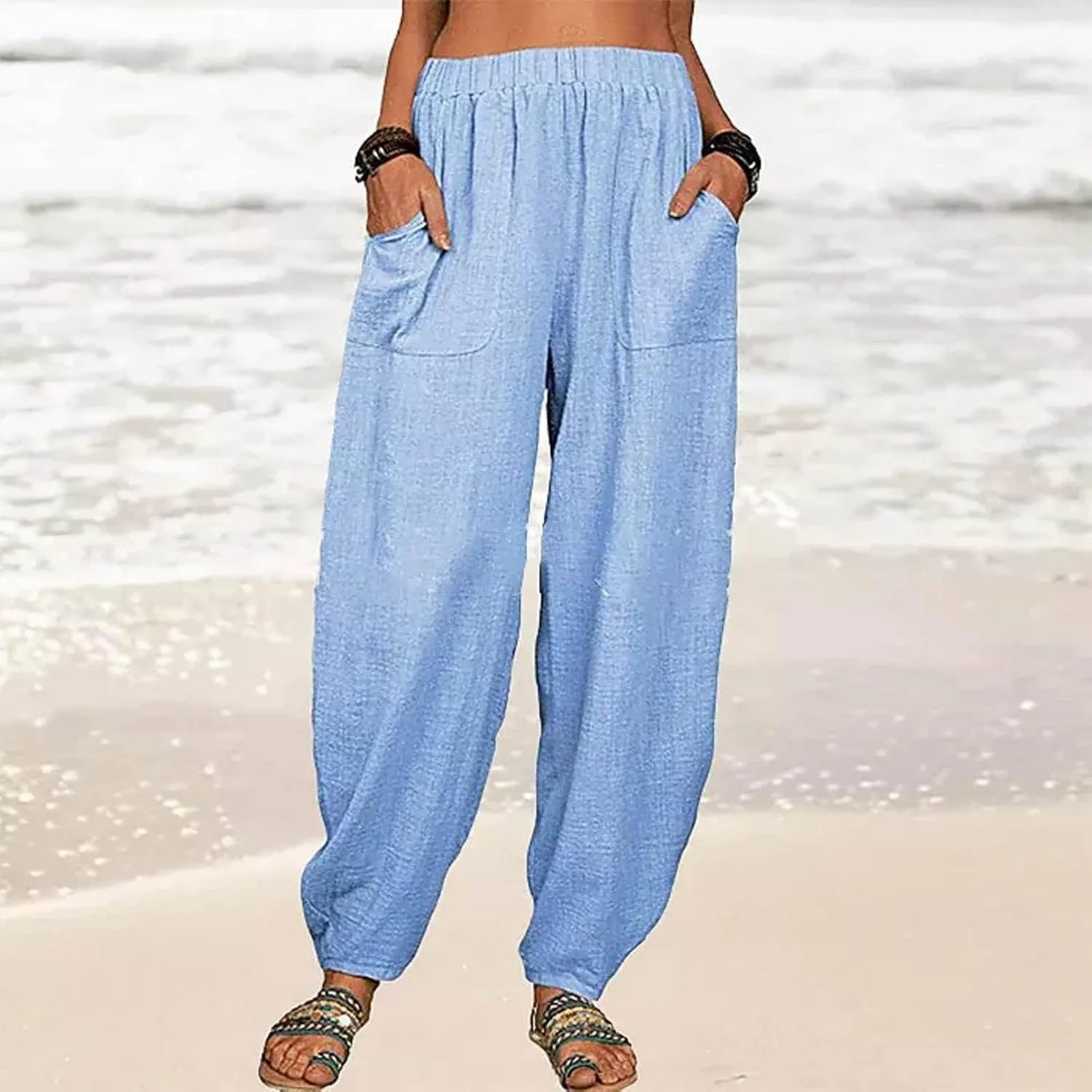 Linen Pants for Women Casual Summer Linen Pants Elastic Waist Pants Loose Tapered Pant Plus Size Trousers with Pocket