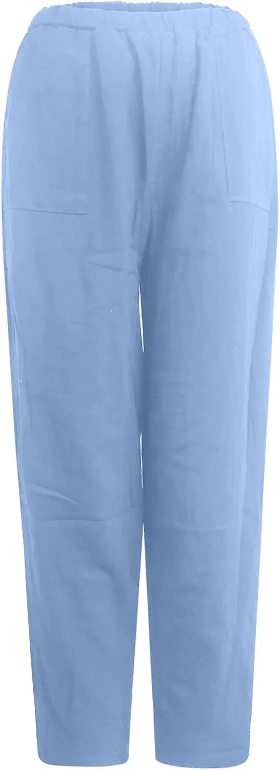 Linen Pants for Women Casual Summer Linen Pants Elastic Waist Pants Loose Tapered Pant Plus Size Trousers with Pocket