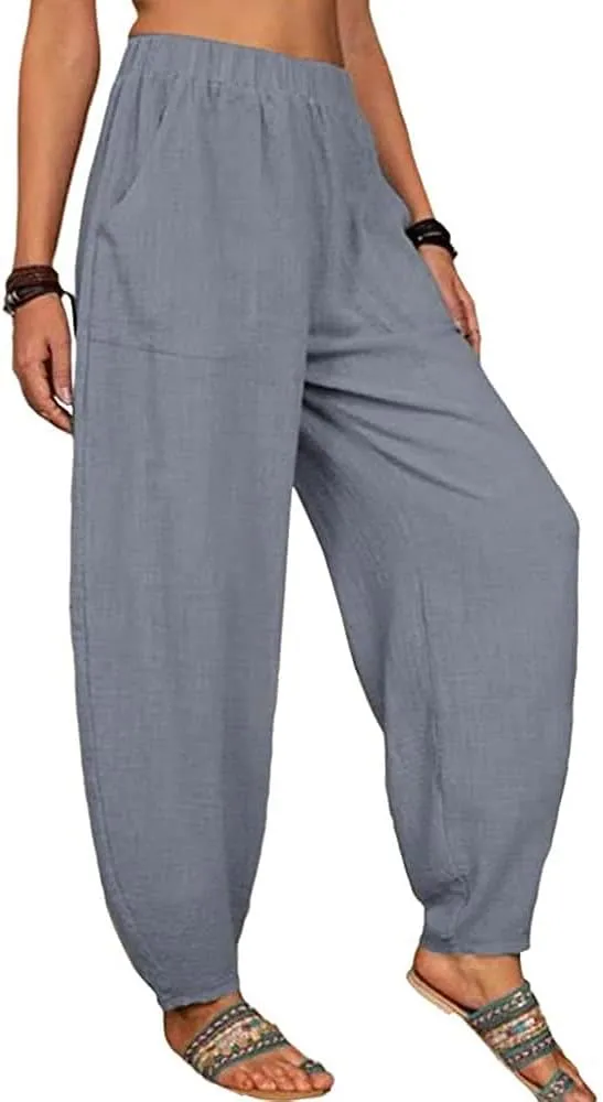 Linen Pants for Women Casual Summer Linen Pants Elastic Waist Pants Loose Tapered Pant Plus Size Trousers with Pocket