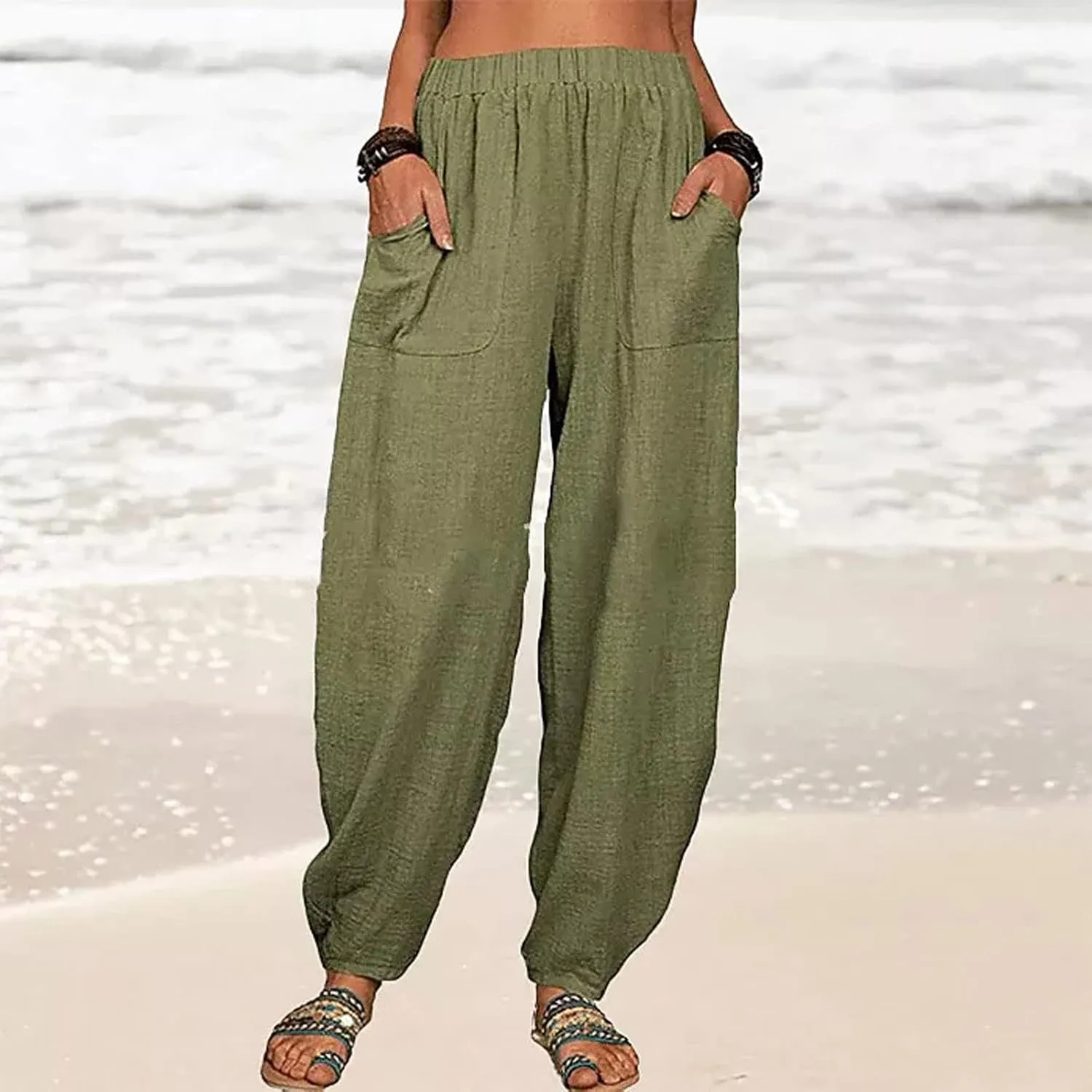 Linen Pants for Women Casual Summer Linen Pants Elastic Waist Pants Loose Tapered Pant Plus Size Trousers with Pocket