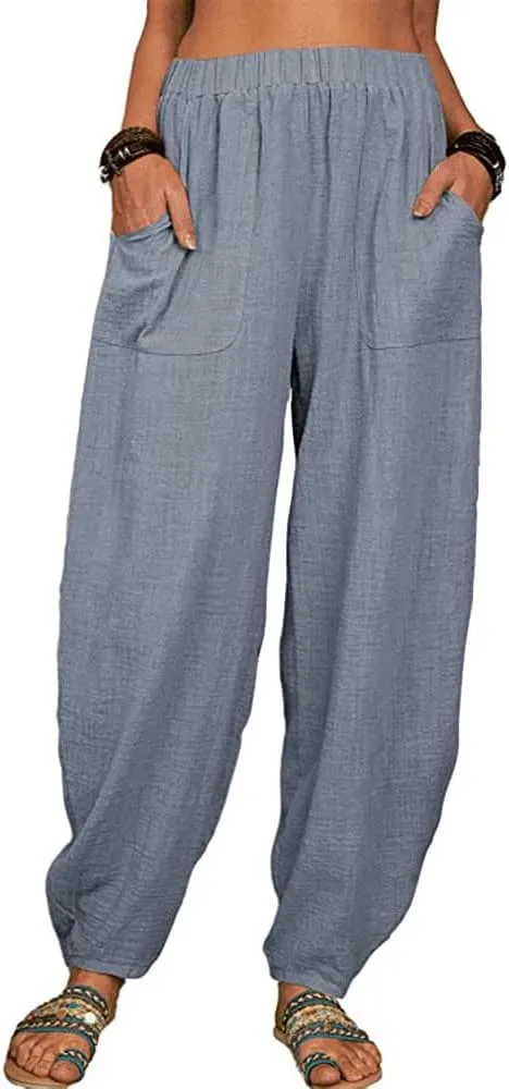 Linen Pants for Women Casual Summer Linen Pants Elastic Waist Pants Loose Tapered Pant Plus Size Trousers with Pocket