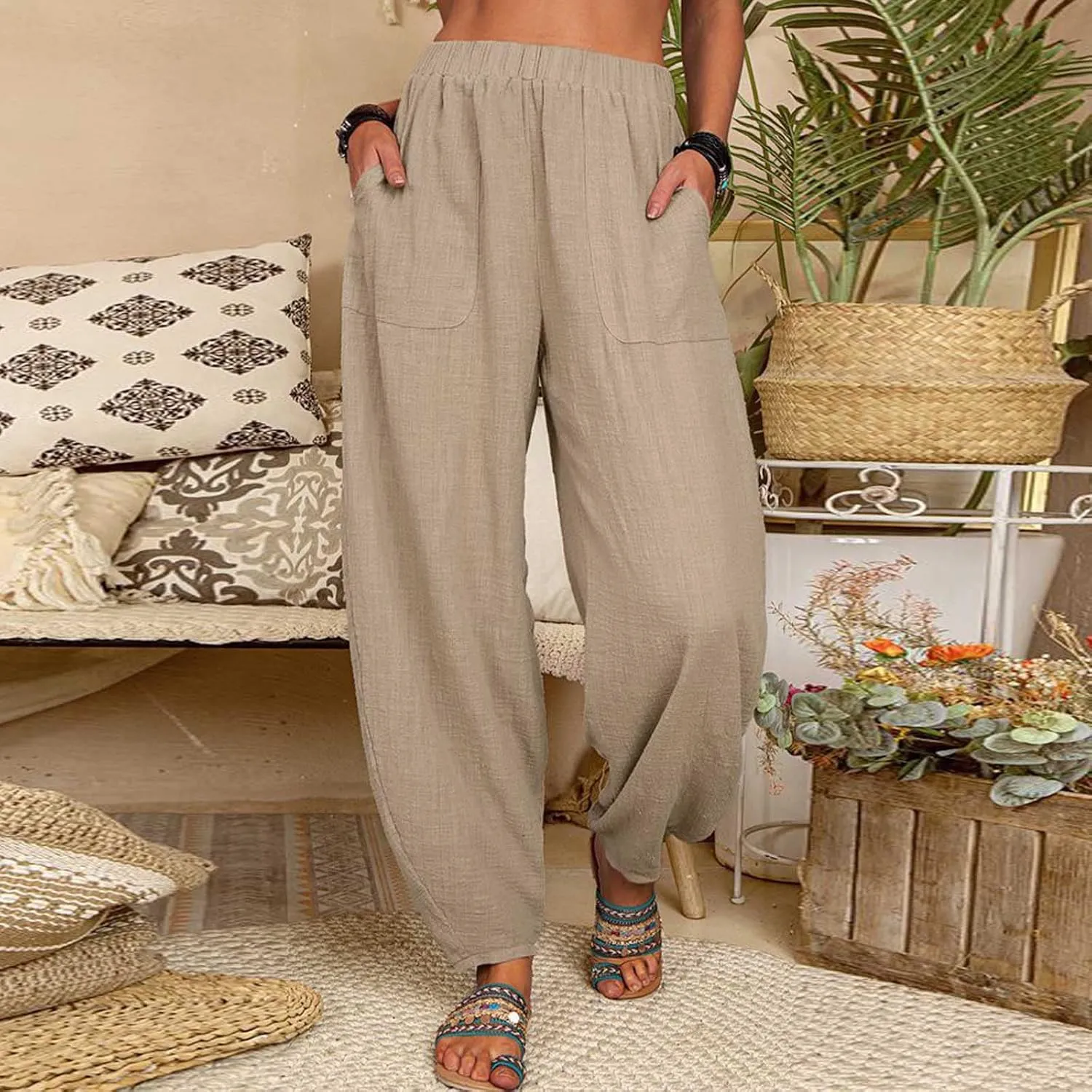 Linen Pants for Women Casual Summer Linen Pants Elastic Waist Pants Loose Tapered Pant Plus Size Trousers with Pocket