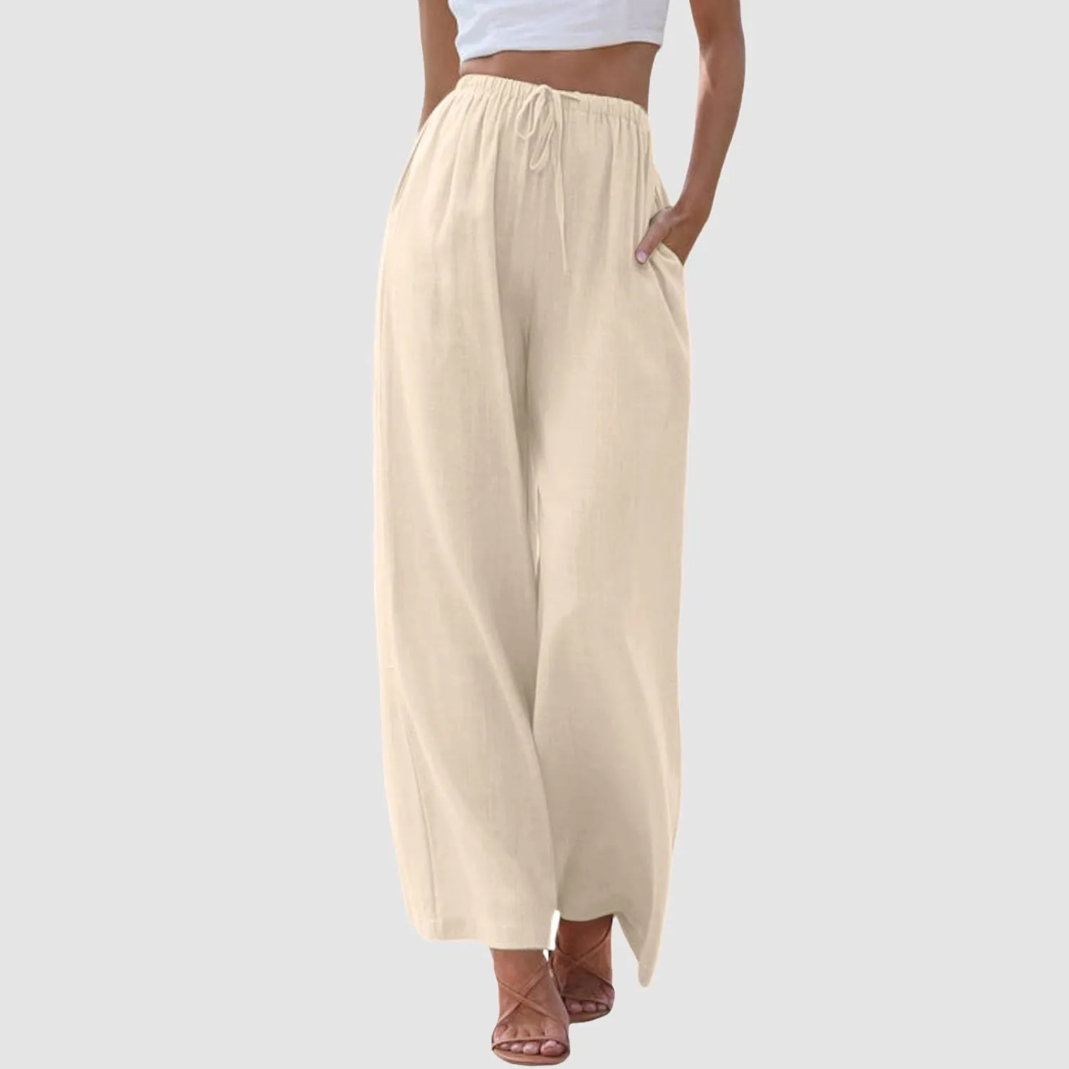 Linen Pants for Women Summer Elastic High Waist Drawstring Flowy Palazzo Pant Loose Fit Wide Leg Trousers with Pocket