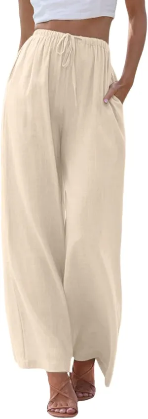 Linen Pants for Women Summer Elastic High Waist Drawstring Flowy Palazzo Pant Loose Fit Wide Leg Trousers with Pocket