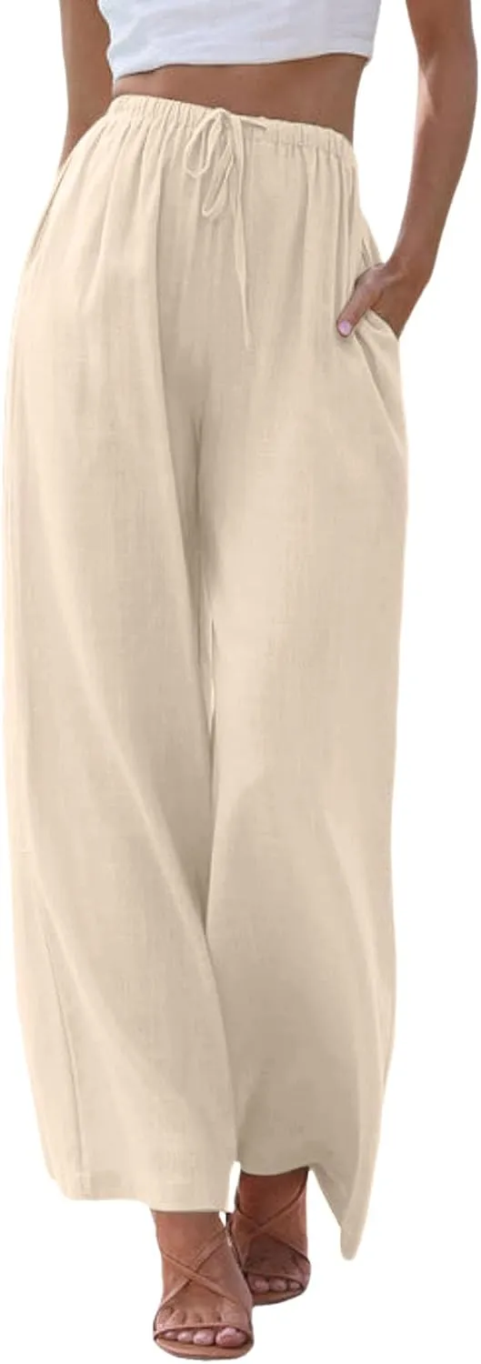 Linen Pants for Women Summer Elastic High Waist Drawstring Flowy Palazzo Pant Loose Fit Wide Leg Trousers with Pocket