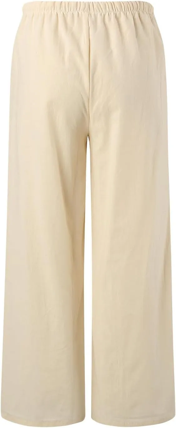 Linen Pants for Women Summer Elastic High Waist Drawstring Flowy Palazzo Pant Loose Fit Wide Leg Trousers with Pocket