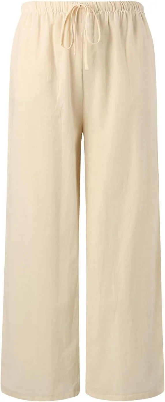 Linen Pants for Women Summer Elastic High Waist Drawstring Flowy Palazzo Pant Loose Fit Wide Leg Trousers with Pocket