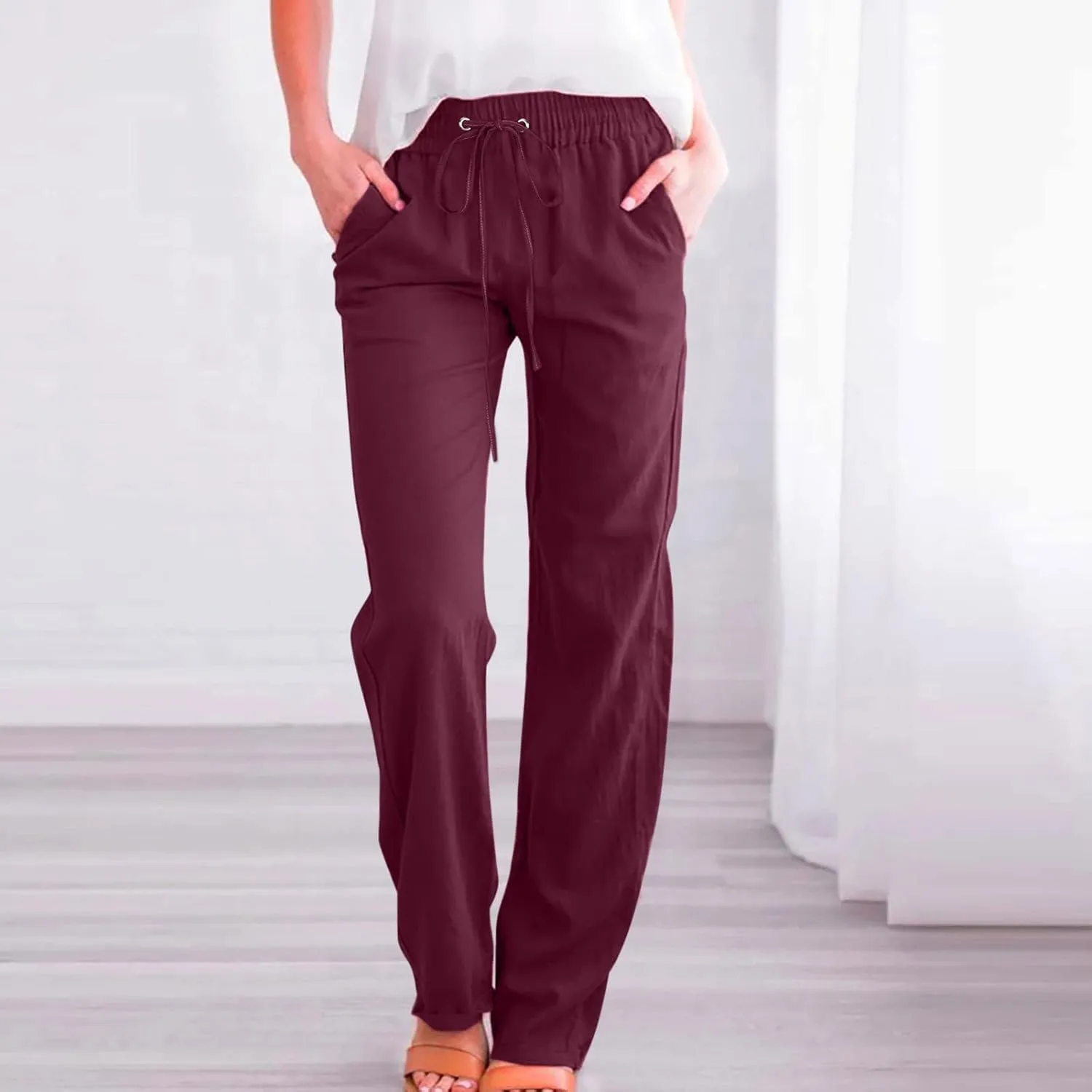 Linen Pants Women High Waist Straight Leg Casual Loose Summer Beach Lightweight Drawstring Cotton Linen Pant Trousers