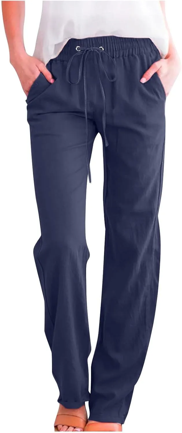 Linen Pants Women High Waist Straight Leg Casual Loose Summer Beach Lightweight Drawstring Cotton Linen Pant Trousers