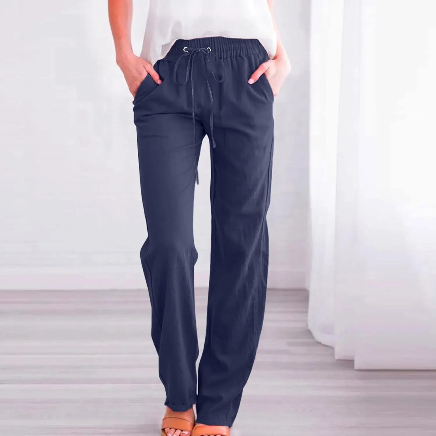 Linen Pants Women High Waist Straight Leg Casual Loose Summer Beach Lightweight Drawstring Cotton Linen Pant Trousers