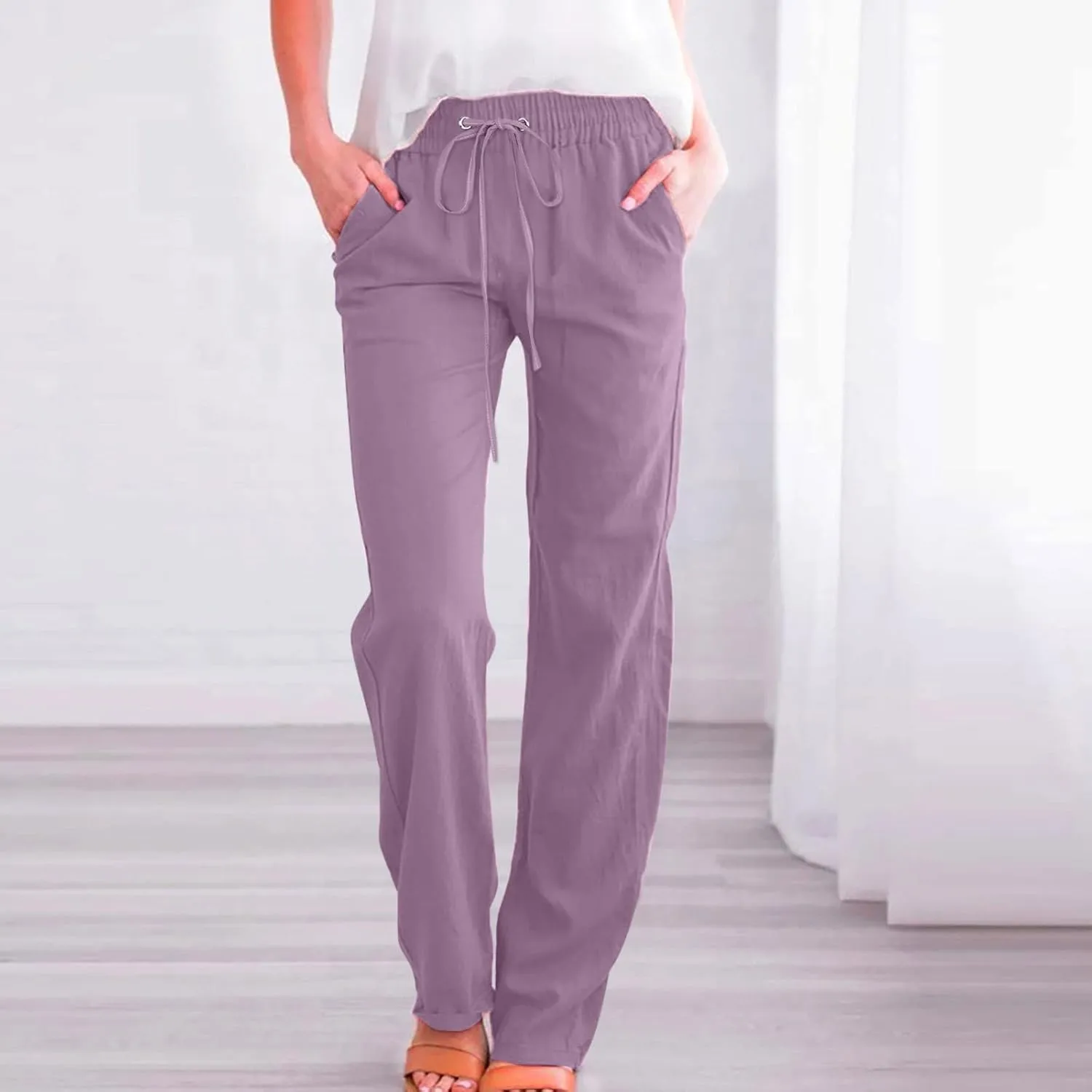 Linen Pants Women High Waist Straight Leg Casual Loose Summer Beach Lightweight Drawstring Cotton Linen Pant Trousers