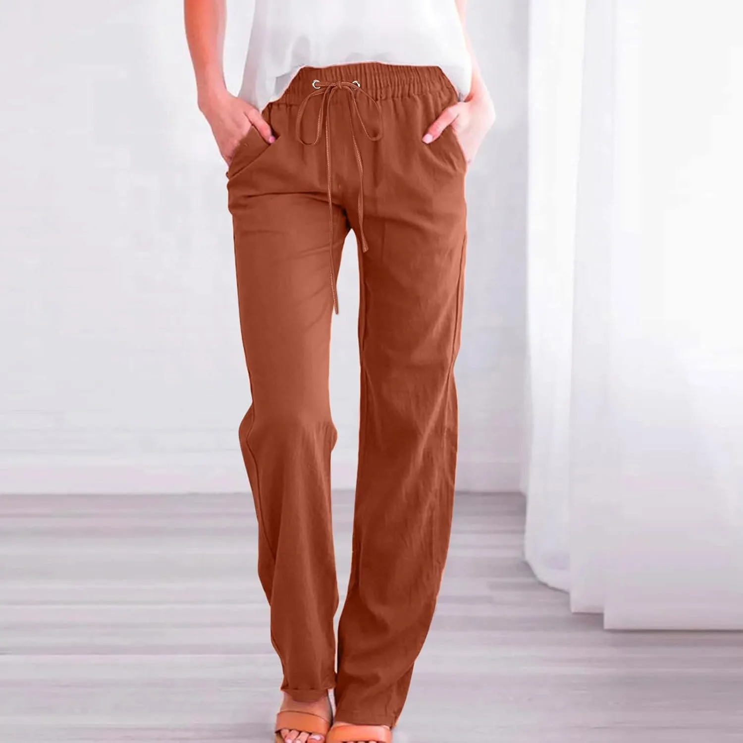 Linen Pants Women High Waist Straight Leg Casual Loose Summer Beach Lightweight Drawstring Cotton Linen Pant Trousers
