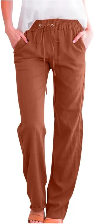 Linen Pants Women High Waist Straight Leg Casual Loose Summer Beach Lightweight Drawstring Cotton Linen Pant Trousers