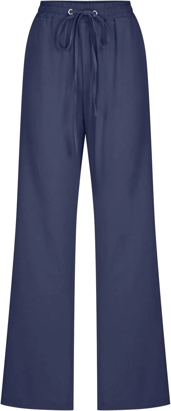 Linen Pants Women High Waist Straight Leg Casual Loose Summer Beach Lightweight Drawstring Cotton Linen Pant Trousers
