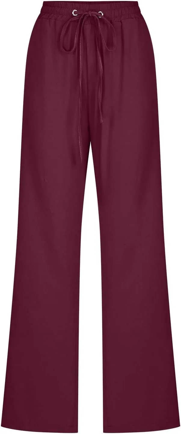 Linen Pants Women High Waist Straight Leg Casual Loose Summer Beach Lightweight Drawstring Cotton Linen Pant Trousers