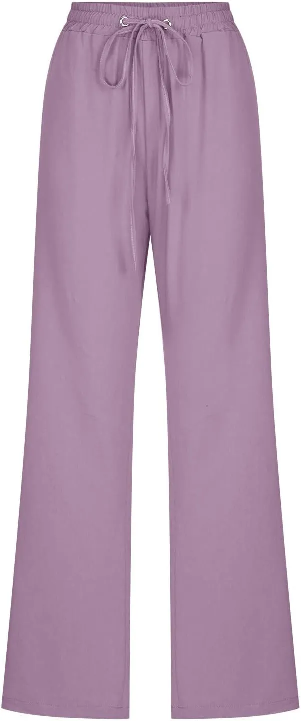 Linen Pants Women High Waist Straight Leg Casual Loose Summer Beach Lightweight Drawstring Cotton Linen Pant Trousers