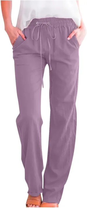 Linen Pants Women High Waist Straight Leg Casual Loose Summer Beach Lightweight Drawstring Cotton Linen Pant Trousers
