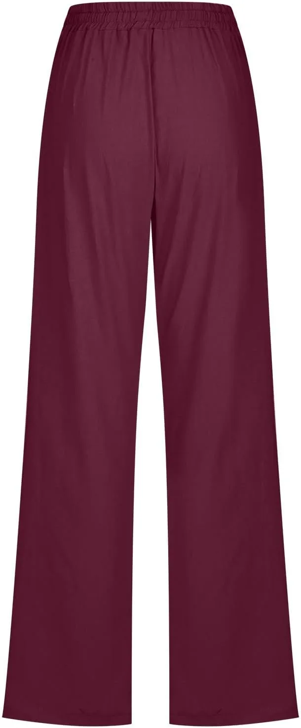 Linen Pants Women High Waist Straight Leg Casual Loose Summer Beach Lightweight Drawstring Cotton Linen Pant Trousers