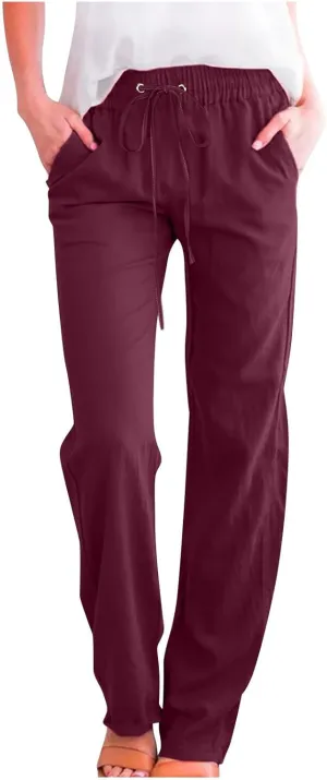 Linen Pants Women High Waist Straight Leg Casual Loose Summer Beach Lightweight Drawstring Cotton Linen Pant Trousers