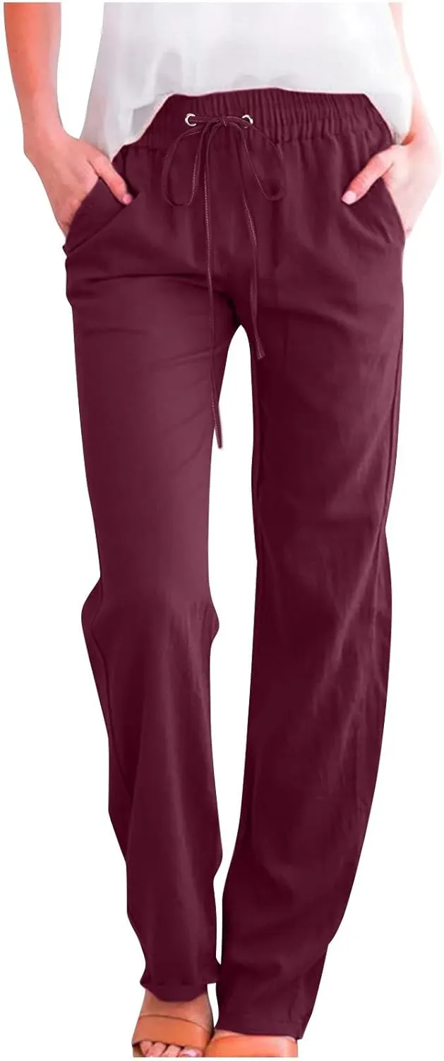 Linen Pants Women High Waist Straight Leg Casual Loose Summer Beach Lightweight Drawstring Cotton Linen Pant Trousers