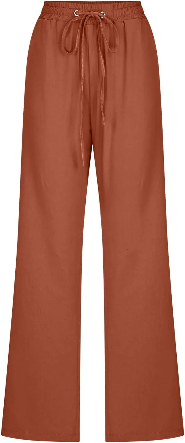 Linen Pants Women High Waist Straight Leg Casual Loose Summer Beach Lightweight Drawstring Cotton Linen Pant Trousers