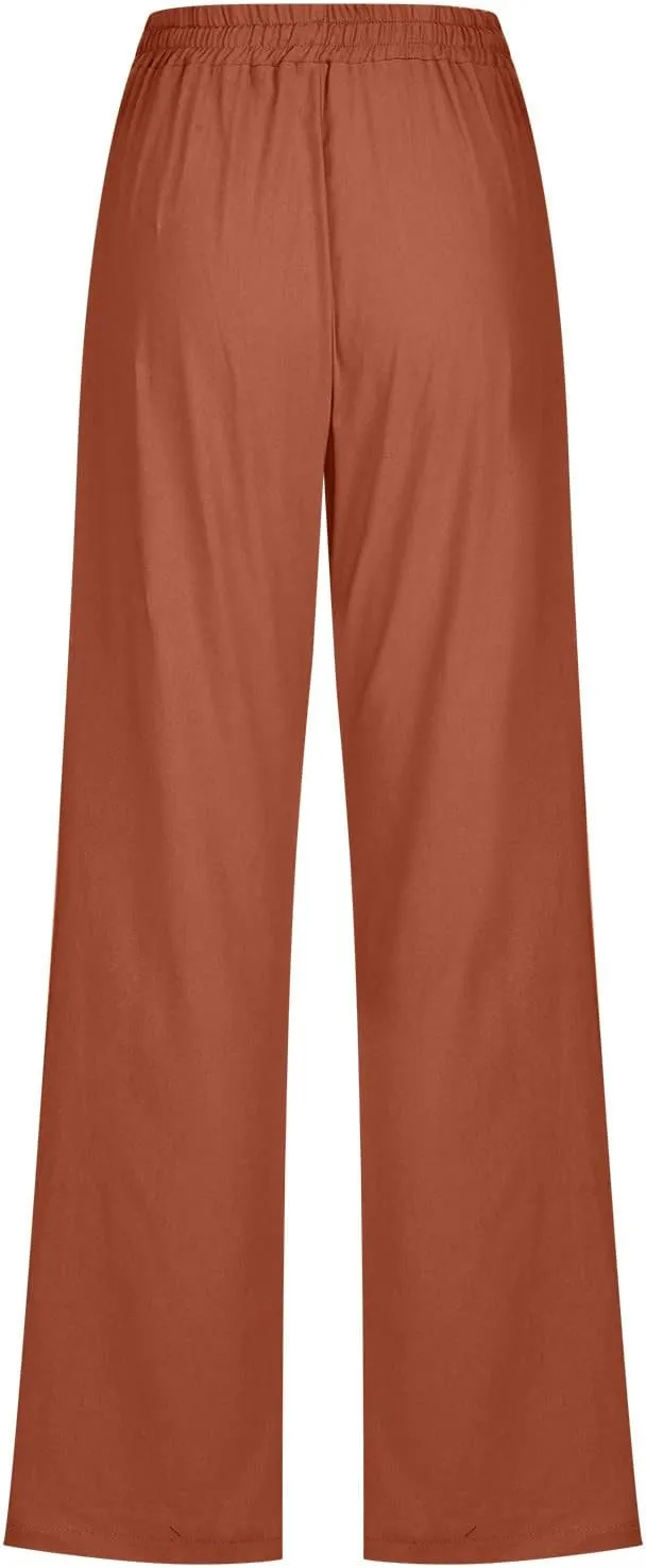 Linen Pants Women High Waist Straight Leg Casual Loose Summer Beach Lightweight Drawstring Cotton Linen Pant Trousers