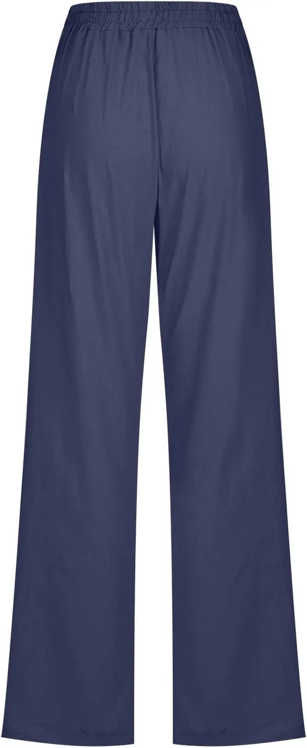 Linen Pants Women High Waist Straight Leg Casual Loose Summer Beach Lightweight Drawstring Cotton Linen Pant Trousers