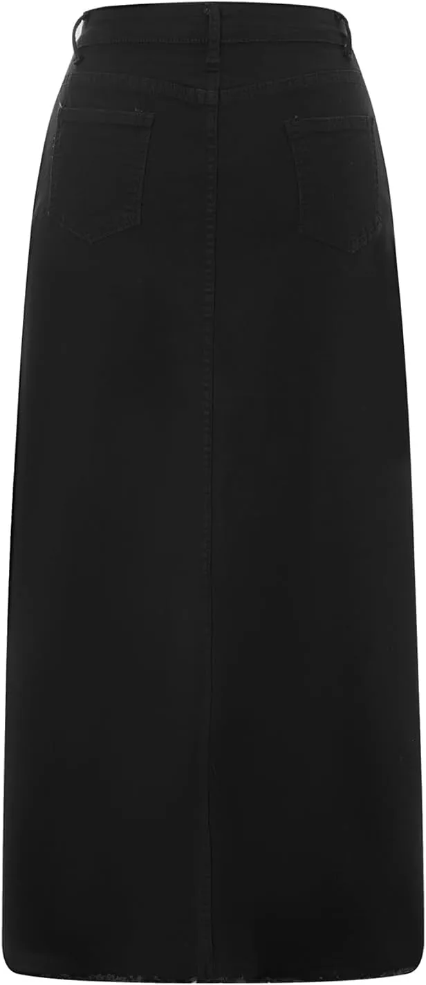 lisenraIn Women Denim Maxi Skirt Raw Hem A-Line Jean Skirt Casual Y2K Fashion High Waisted Long Denim Skirt with Pockets