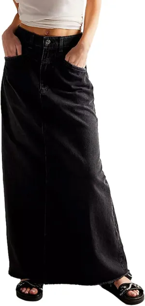 lisenraIn Women Denim Maxi Skirt Raw Hem A-Line Jean Skirt Casual Y2K Fashion High Waisted Long Denim Skirt with Pockets