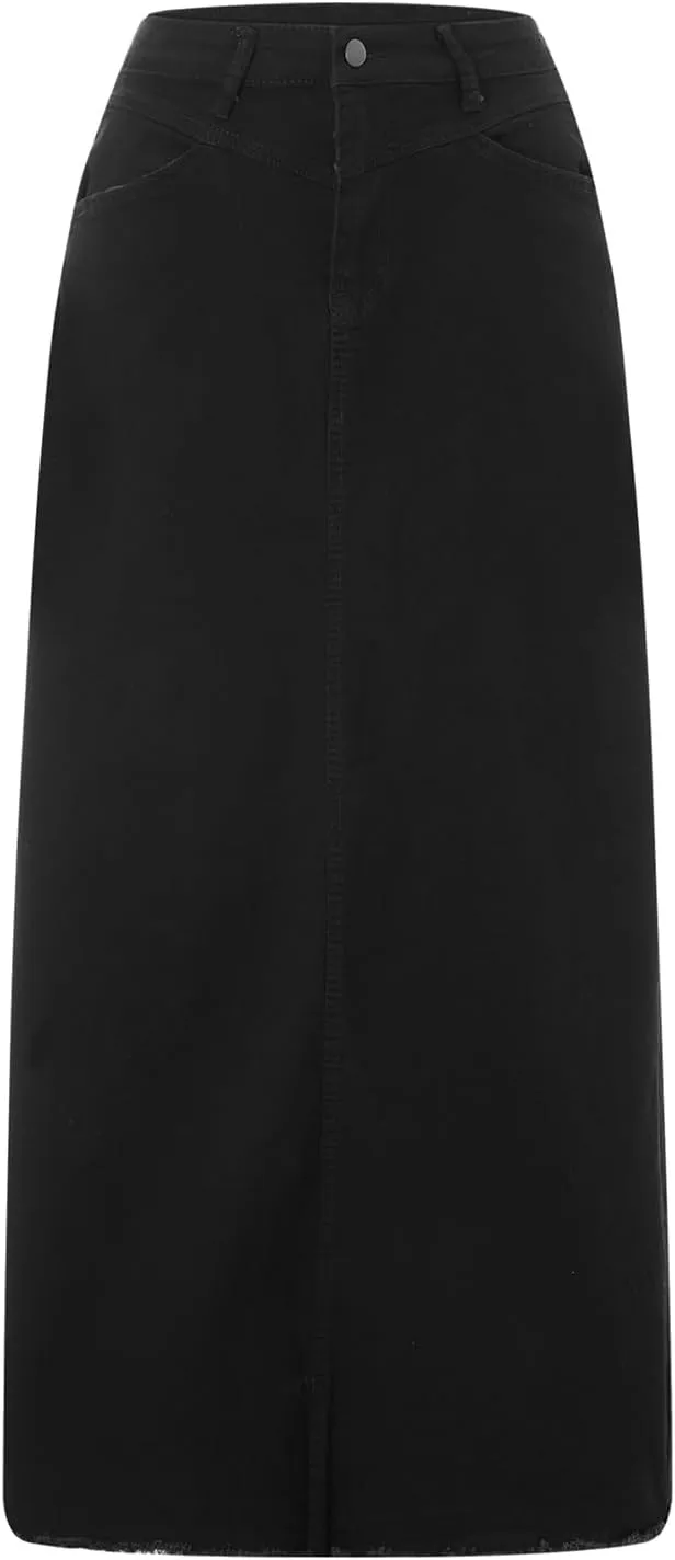 lisenraIn Women Denim Maxi Skirt Raw Hem A-Line Jean Skirt Casual Y2K Fashion High Waisted Long Denim Skirt with Pockets