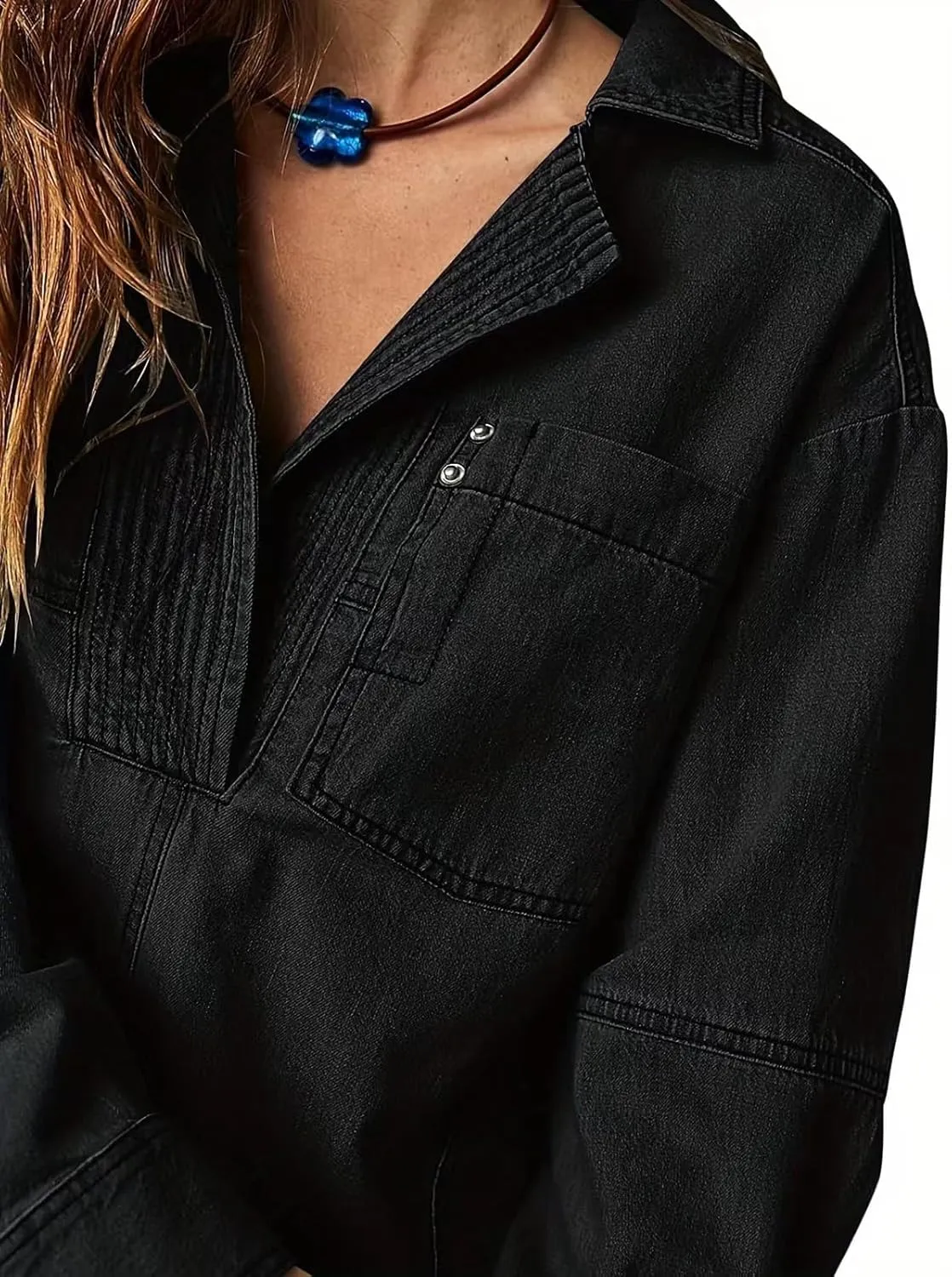 loveimgs Women Casual Long Sleeve Denim Pullover Top Jean Shirt Turndown V Neck Oversized Denim Shirt Hoodie Sweatshirt