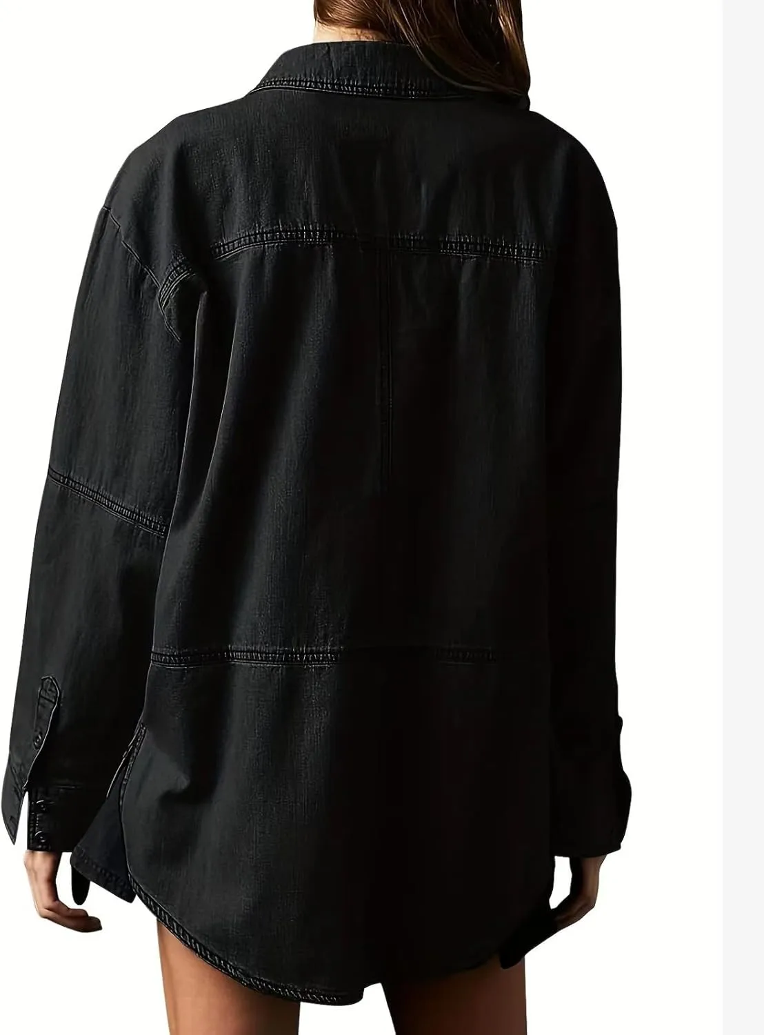 loveimgs Women Casual Long Sleeve Denim Pullover Top Jean Shirt Turndown V Neck Oversized Denim Shirt Hoodie Sweatshirt