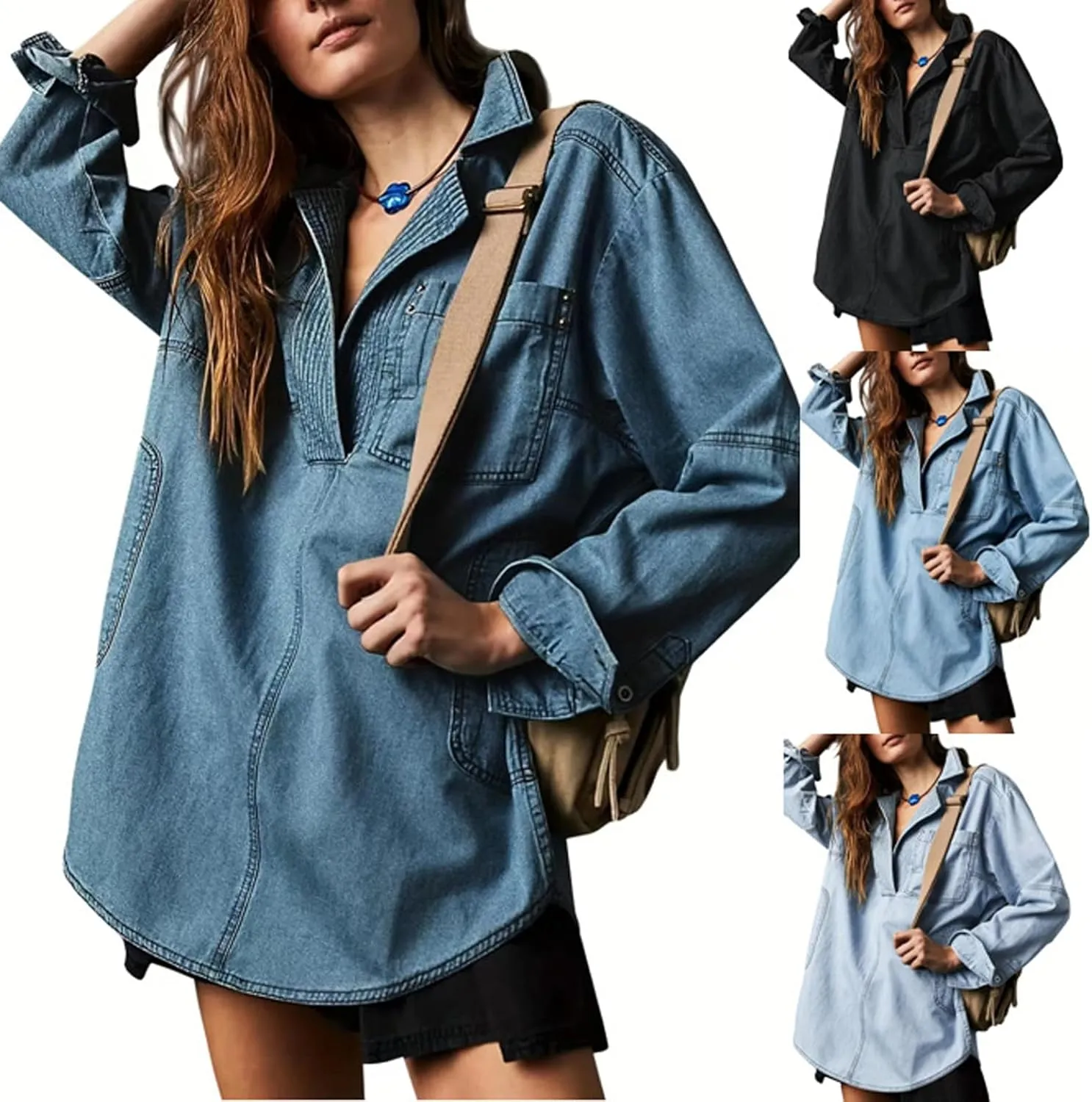 loveimgs Women Casual Long Sleeve Denim Pullover Top Jean Shirt Turndown V Neck Oversized Denim Shirt Hoodie Sweatshirt