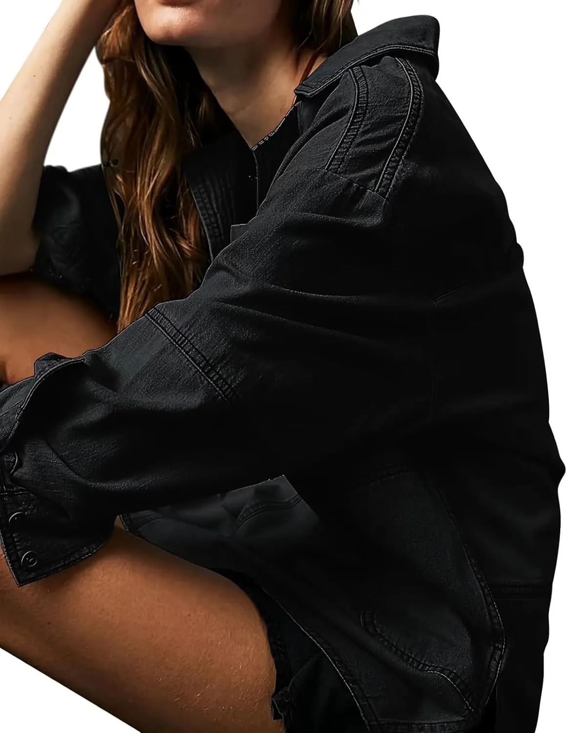 loveimgs Women Casual Long Sleeve Denim Pullover Top Jean Shirt Turndown V Neck Oversized Denim Shirt Hoodie Sweatshirt