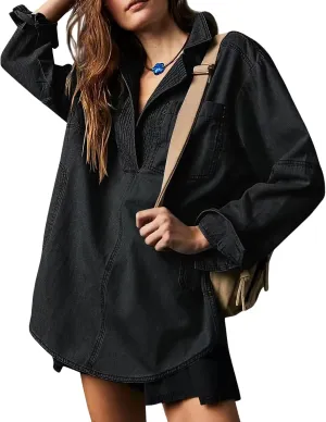 loveimgs Women Casual Long Sleeve Denim Pullover Top Jean Shirt Turndown V Neck Oversized Denim Shirt Hoodie Sweatshirt