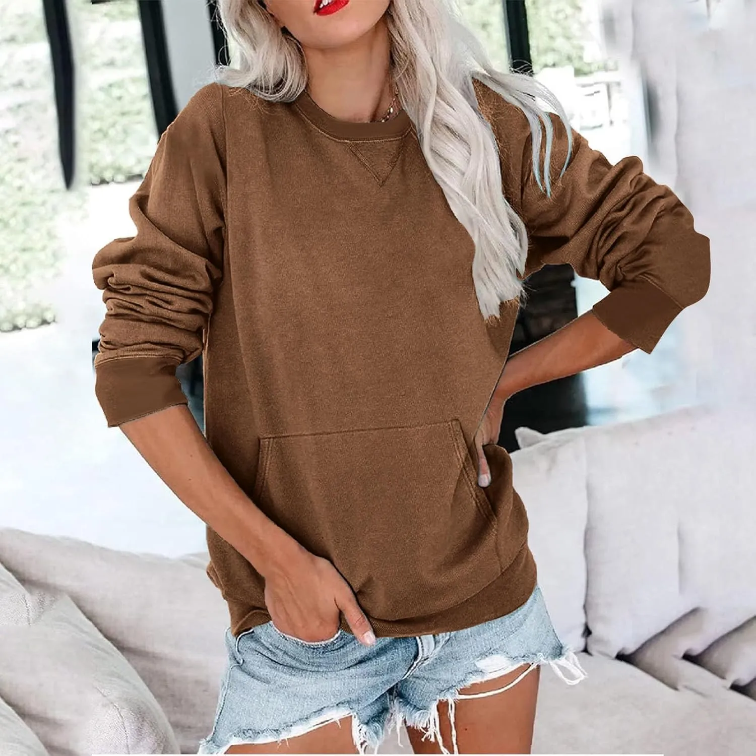 LRMQS Sweatshirt for Women Crewneck Trendy Long Sleeve Shirts with Pocket Fall Fashion 2024 Casual Cute Pullover Clothes