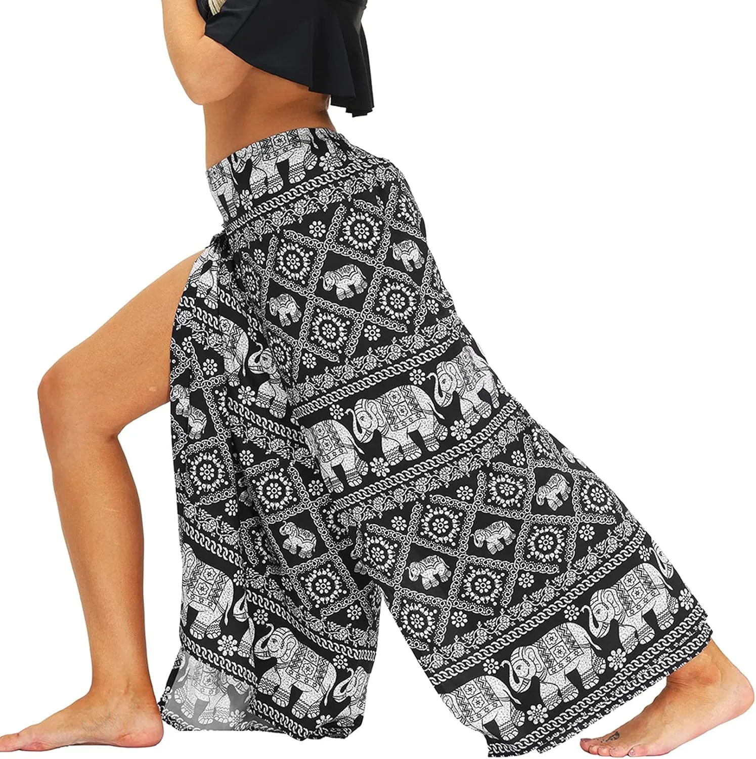 Lu's Chic Women's Boho Pants Wide Leg Gaucho Harem Yoga Flowy Bohemian Indian Side Split Palazzo