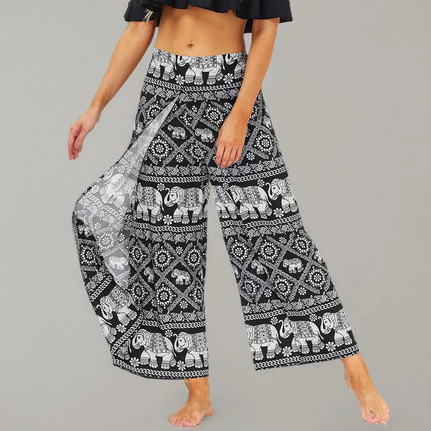 Lu's Chic Women's Boho Pants Wide Leg Gaucho Harem Yoga Flowy Bohemian Indian Side Split Palazzo